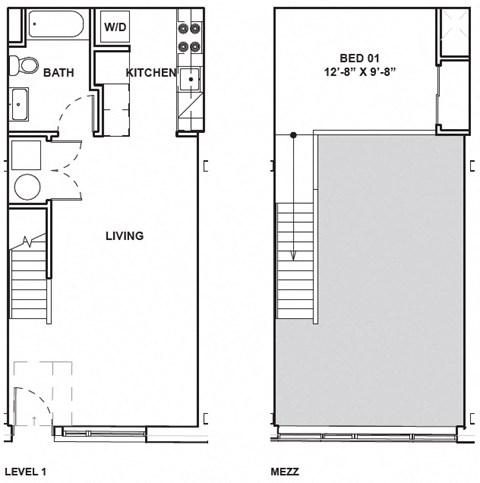 A floor plan shows a bedroom, a bathroom, a kitchen, and a living room.